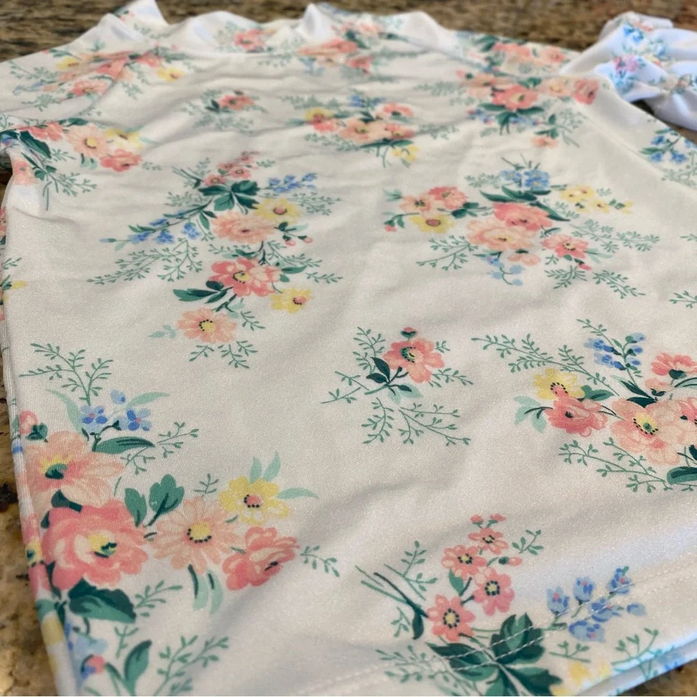 Janie And Jack Girls Floral Ruffle Sleeve Rash Guard Swim Top Size 10 White Pink